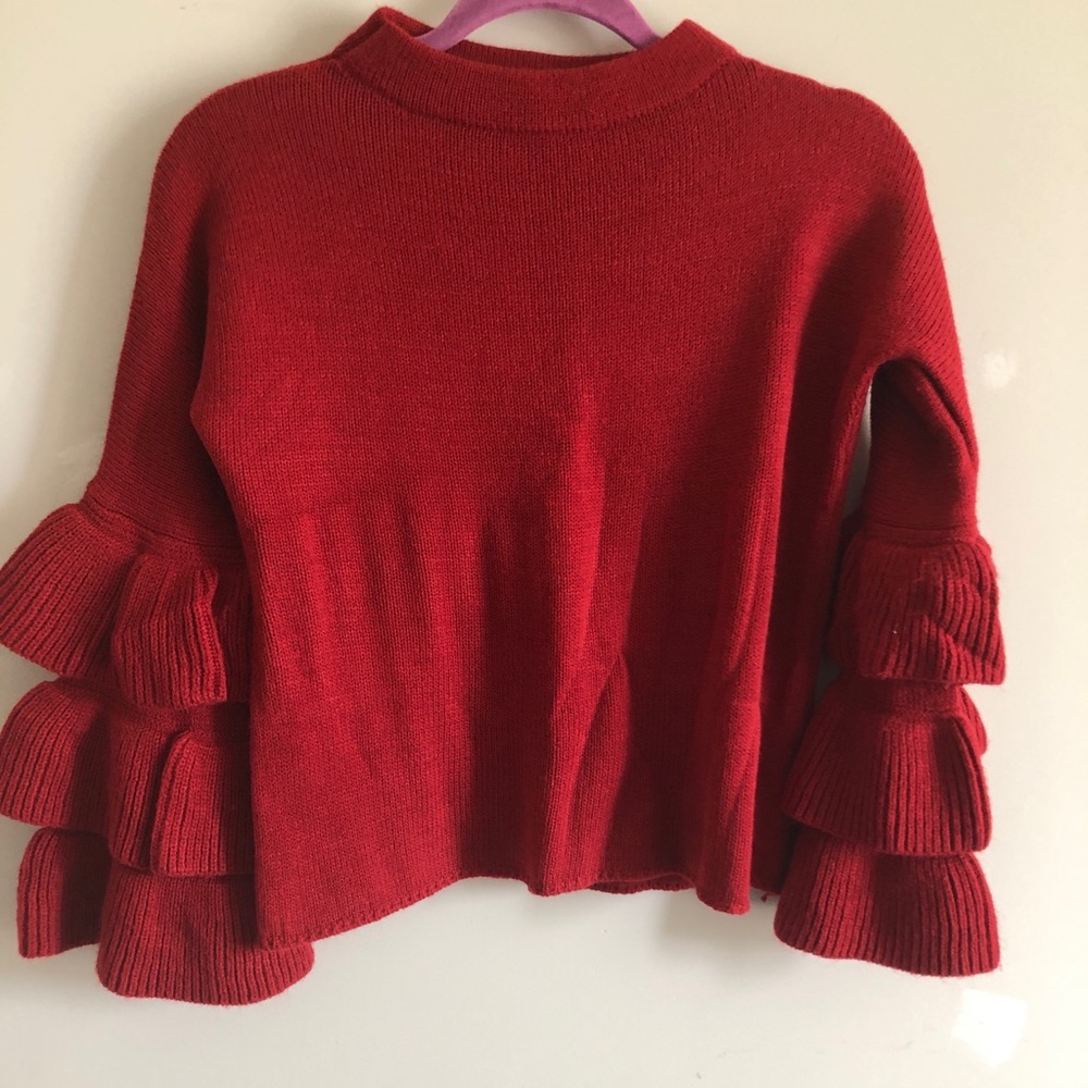 Red Ruffled Sleeve Cropped Sweater